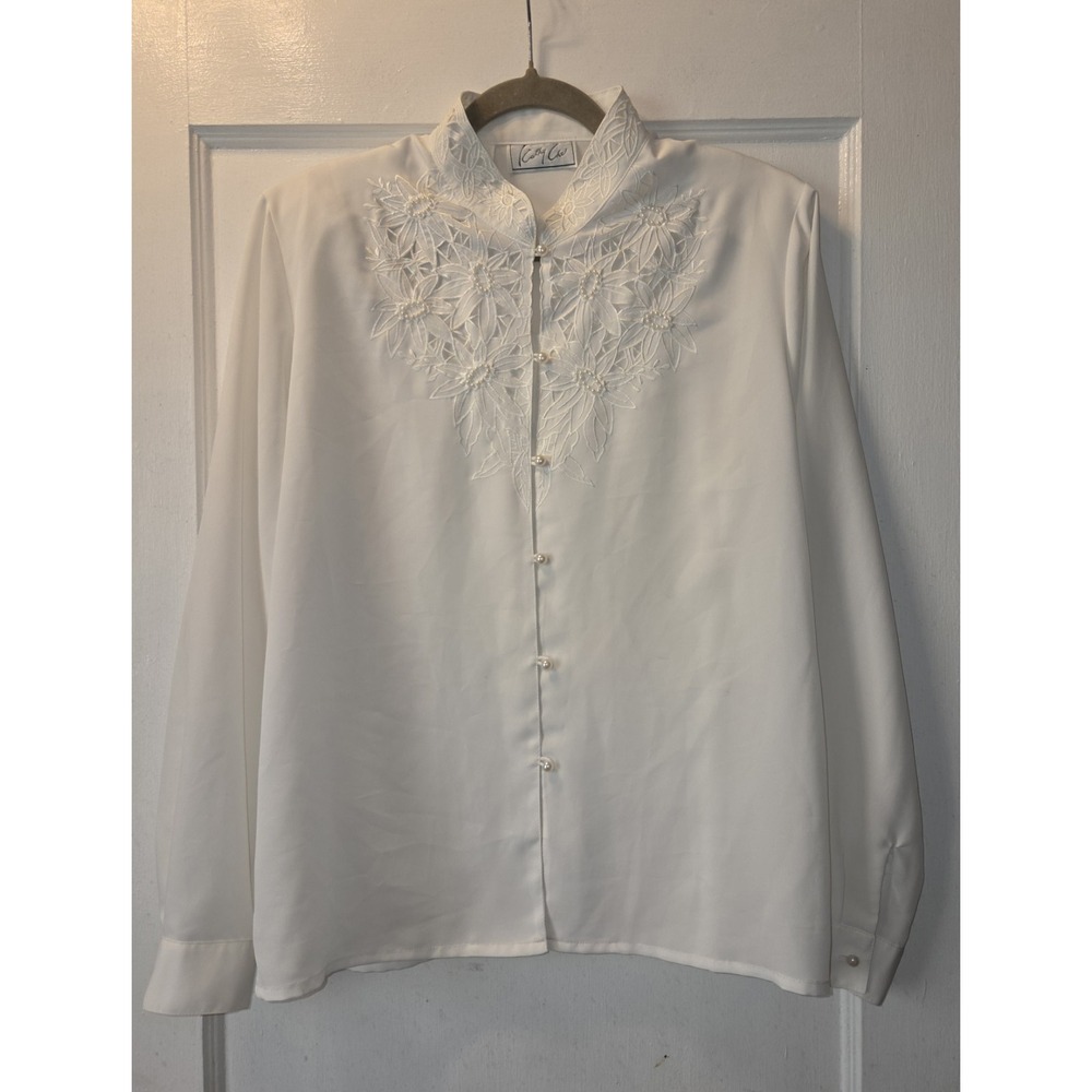 Vtg 80s Kathy Che Victorian Lace Floral Bib Blouse White Pearls Sequins Sz 14